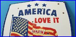 Vintage American Porcelain USA Flag Love It Leave Service Gas Shield Sign
