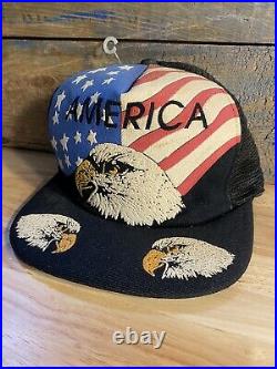 Vintage Bald Eagle Trucker Hat Mesh Foam USA American Flag 80's Made in USA RARE