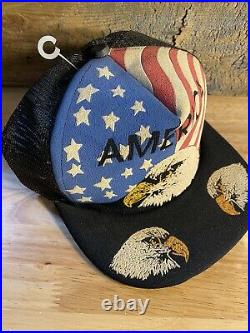 Vintage Bald Eagle Trucker Hat Mesh Foam USA American Flag 80's Made in USA RARE