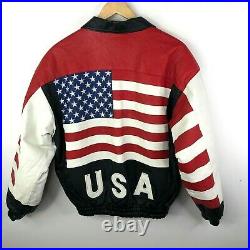 Vintage Cosa Nova Leather Bomber Jacket USA American Flag Mens Small 80's