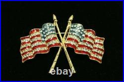 Vintage Double AMERICAN FLAG Diamond & Enamel 18K Yellow Over Brooch Pin USA