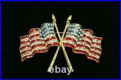 Vintage Double AMERICAN FLAG Diamond & Enamel 18K Yellow Over Brooch Pin USA