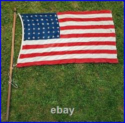 Vintage Large WWII Era 48 Star American US Flag with Wood Pole Patriotic WW2 USA