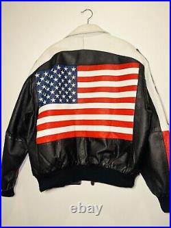 Vintage Michael Hoban WhereMI Leather Jacket USA American Flag Men's Large