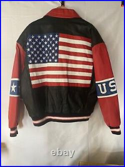 Vintage Michael Hoban WhereMI Leather Jacket USA American Flag Mens XL Excelled