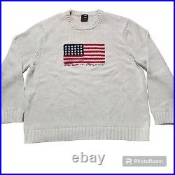 Vintage Polo Jeans Company Ralph Lauren Sweater Mens 2XL Cream USA American Flag