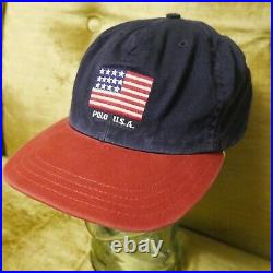 Vintage Polo Ralph Lauren American Flag Hat Blue Strap Back Cap USA Made Sports