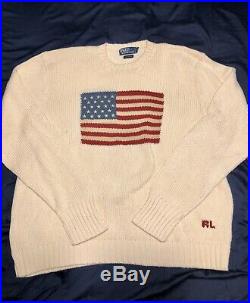 Vintage Polo Ralph Lauren American Flag USA Knit Sweater 2XL XXL Cream From 2001
