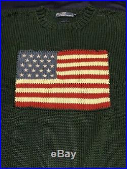 Vintage Polo Ralph Lauren American Flag USA Knit Sweater 2XL XXL Green From 2001