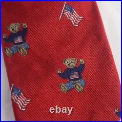 Vintage Polo Ralph Lauren RL Mens Red Silk Tie American Flag Bear Made in USA