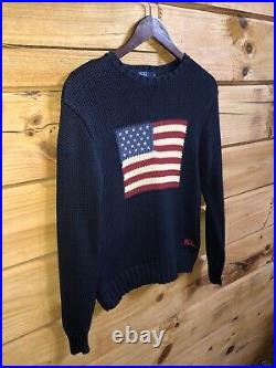 Vintage Ralph Lauren Polo Sport American USA Flag Knit Sweater Navy Blue Sz S