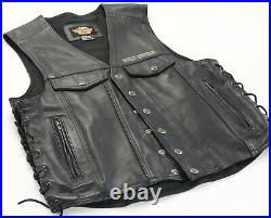 Vintage mens harley davidson leather vest L black PISTON II snap bar lace up