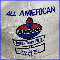 Vtg 3 Stripe HTF Snapback Hat AMOCO AMERICAN AUTO/TRUCK PLAZA RESTAURANT Oil Gas