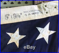 Vtg 40s WW2 48 Stars USA Flag Ensign Philadelphia Q. M. Depot Sewn Stars 5x9.5