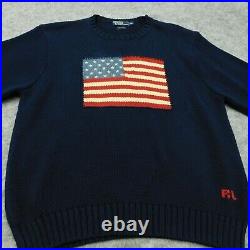 Vtg 90s POLO RALPH LAUREN American USA Flag Sweater Navy Blue Cotton Men's 2XL