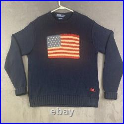 Vtg 90s POLO RALPH LAUREN American USA Flag Sweater Navy Blue Cotton Men's Large
