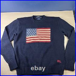 Vtg 90s POLO RALPH LAUREN American USA Flag Sweater Navy Blue Cotton Mens Medium