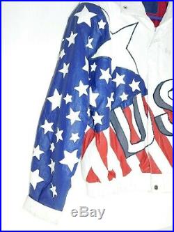 Vtg 90s Team USA Olympics American Flag Leather Varsity Jacket Milan Italy Retro