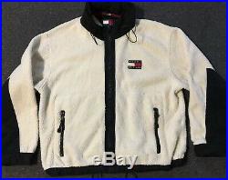 Vtg 90s Tommy Hilfiger Flag Deep Pile Fleece Jacket XL Cream Polo Sport Sailing