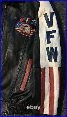 Vtg American Flag Bald Eagle VFW USA Leather Jacket L Veteran Biker Army 80s 90s