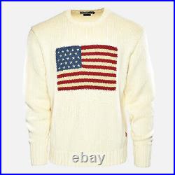 Vtg POLO Ralph Lauren 90's American Flag Knit USA RL Cream Crewneck Sweater L
