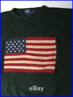 Vtg POLO by RALPH LAUREN AMERICAN FLAG KNIT CREWNECK SWEATER Forest Green M USA