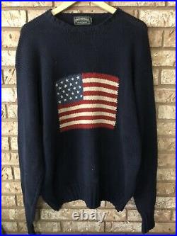 Vtg Ralph Lauren Polo Country Mens Ribbed Sweater American Flag Graphic Blue L
