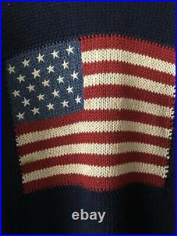 Vtg Ralph Lauren Polo Country Mens Ribbed Sweater American Flag Graphic Blue L