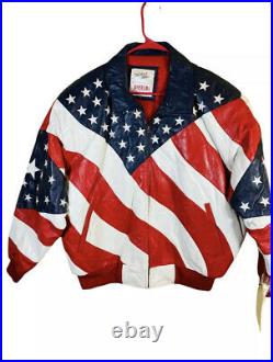WHEREMI Michael Hoban Patriotic American Flag Leather Bomber Jacket Red Blue XL