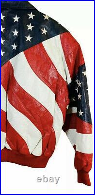 WHEREMI Michael Hoban Patriotic American Flag Leather Bomber Jacket Red Blue XL
