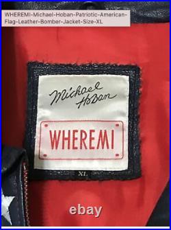 WHEREMI Michael Hoban Patriotic American Flag Leather Bomber Jacket XL Red Blue