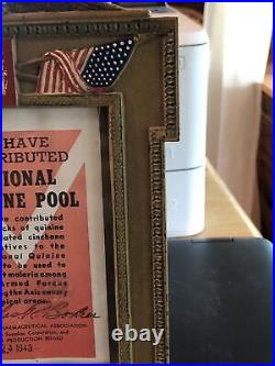 WW 2, 1943 Metal Frame. U. S. Flag and American Eagle. National Quinine Pool