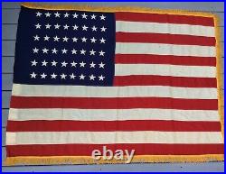 WW2 Era 48 Star Wool Tea Stained U. S. American Flag 4'x5.5' Stitched Gold Fringe