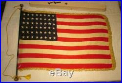 WWII Era Vintage Silk 48 Star American Flag Gold Fringe Original Box USA