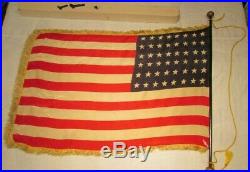 WWII Era Vintage Silk 48 Star American Flag Gold Fringe Original Box USA